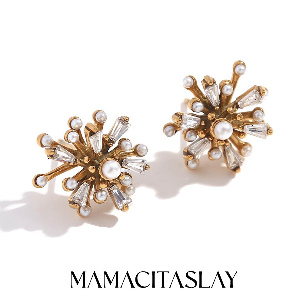 MamacitaSlay Stainless Steel Zircon Pearl Sunflower Stud Earrings New Design Party Waterproof Jewelry Trendy Minimalist Gift