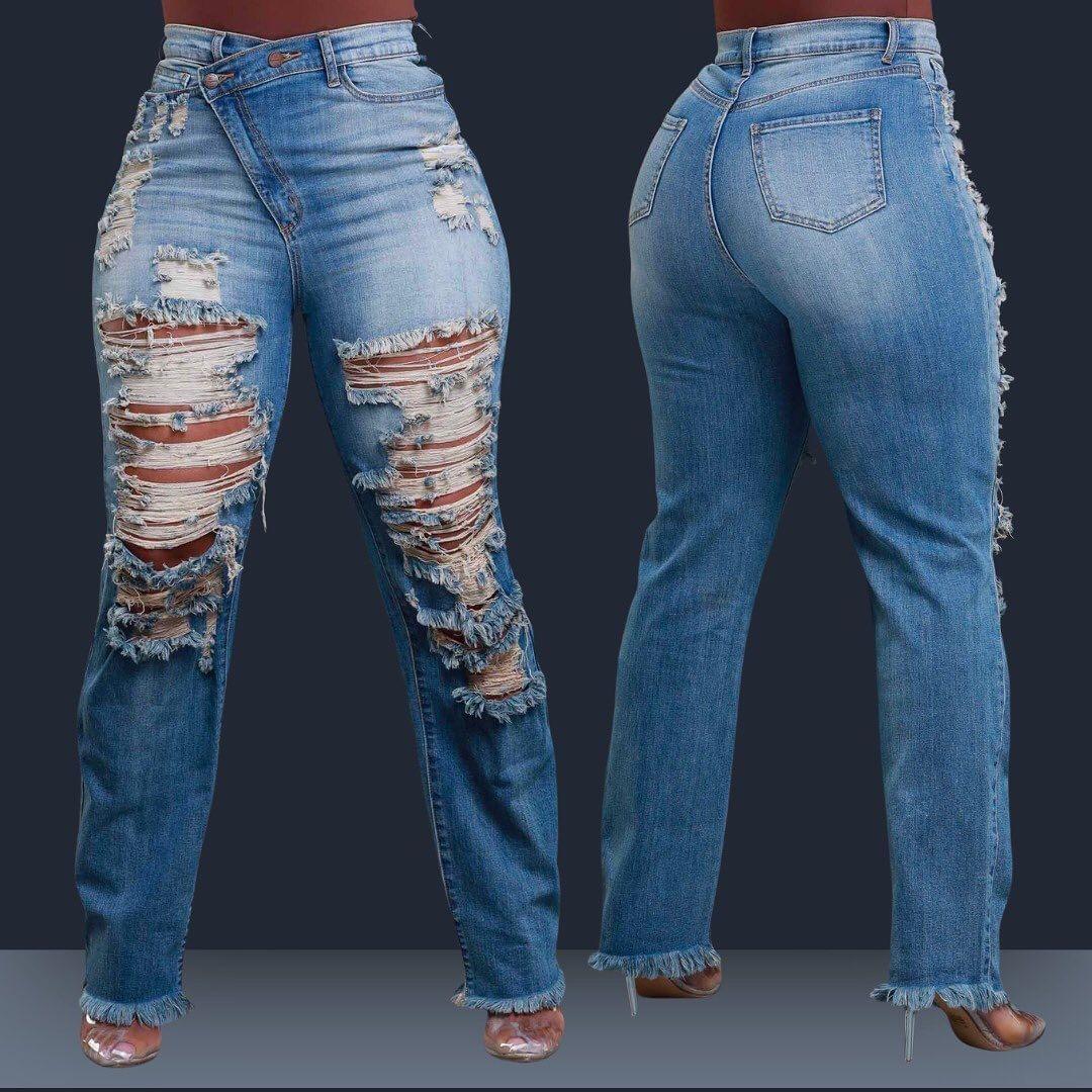 

New Women s Ripped Destroyed Denim Jeans, Straight Leg Stretchy Frayed Hem Jeans with Unique Waistband Design for Autumn Winter XXL синій