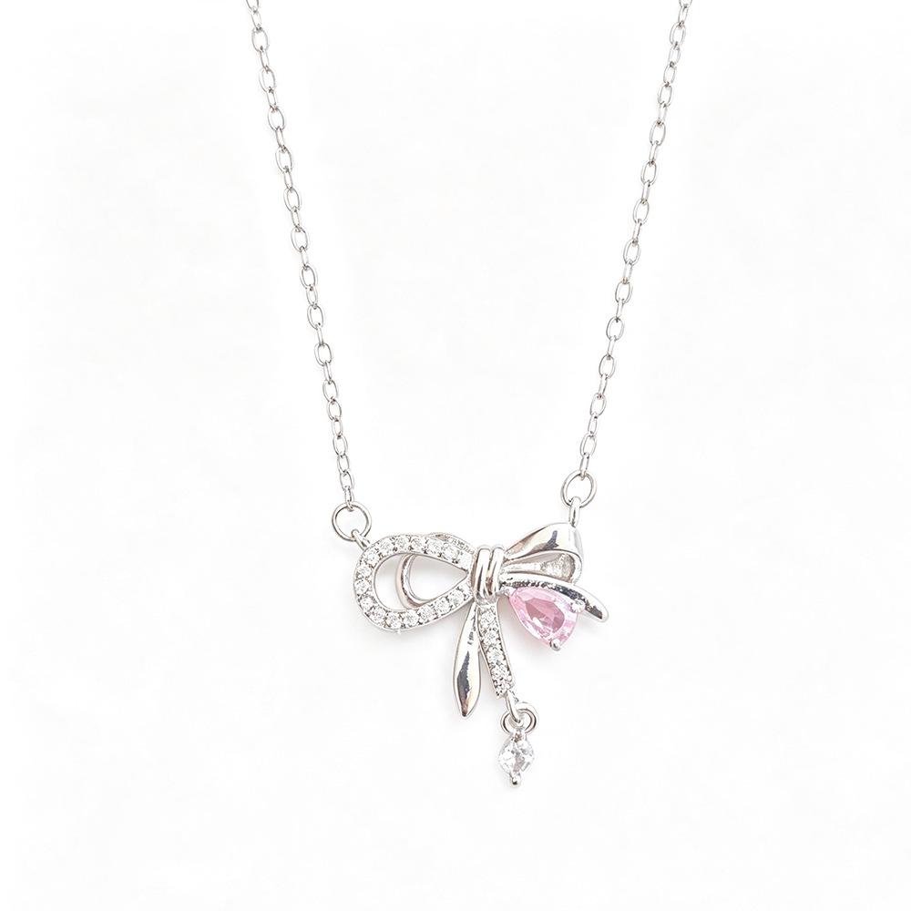 French Fairy Bow Tassel Necklace with Pink Zircon Clavicle Chain - Fashionable Light Luxury Qixi Gift