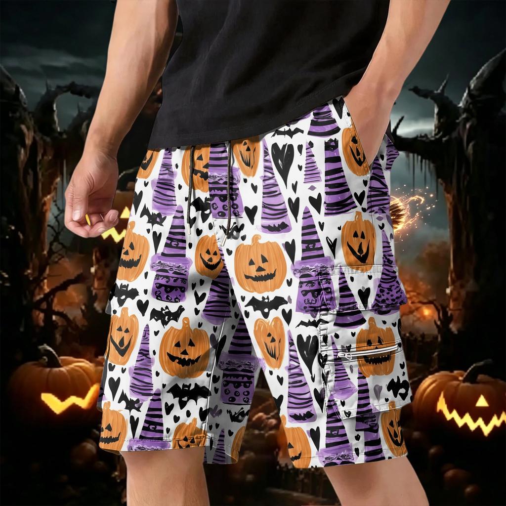 Men's Halloween Cargo Shorts with Multiple Pockets, Drawstring Waist, Casual Work Shorts for Costume Party, Summer Outdoors, Beach, Hiking, Daily Wear