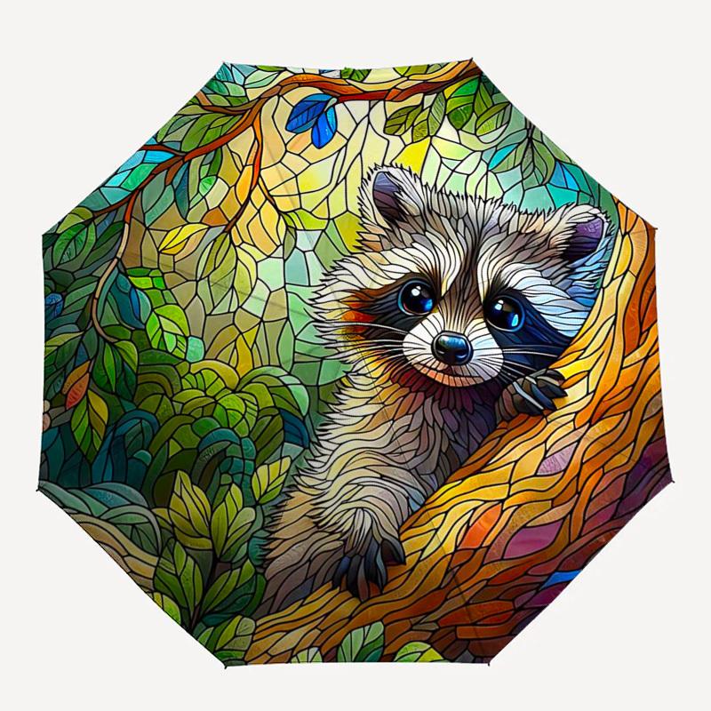 1pc Stained Glass Raccoon Design Automatic Folding Umbrella - Portable 3-Fold Design with Iron Frame - Outdoor for Fans, Travelers, Daily Use - Perfec