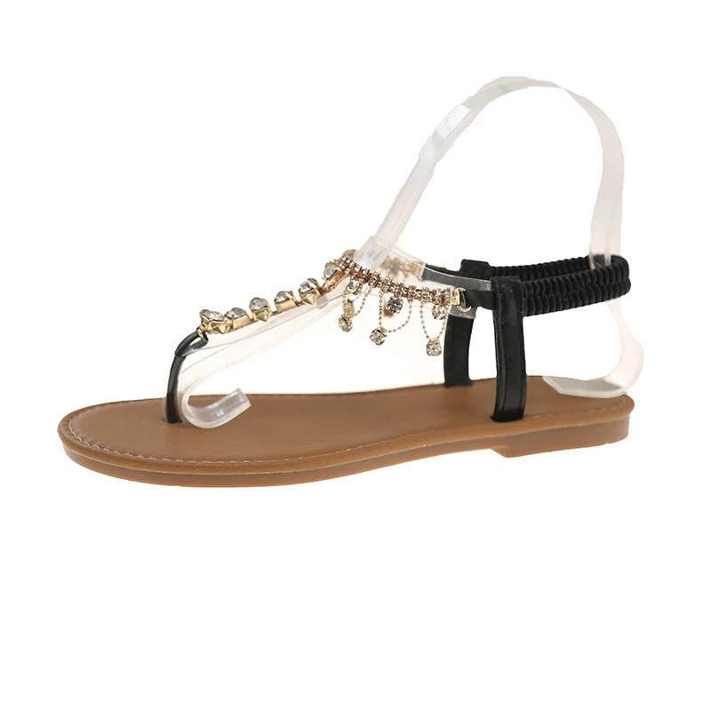 2025 Women's Flat Sandals Rhinestones Toe Clip Elastic Band Women Shoes Dress Beach Fashion Transparent Upper Sandalias De Mujer