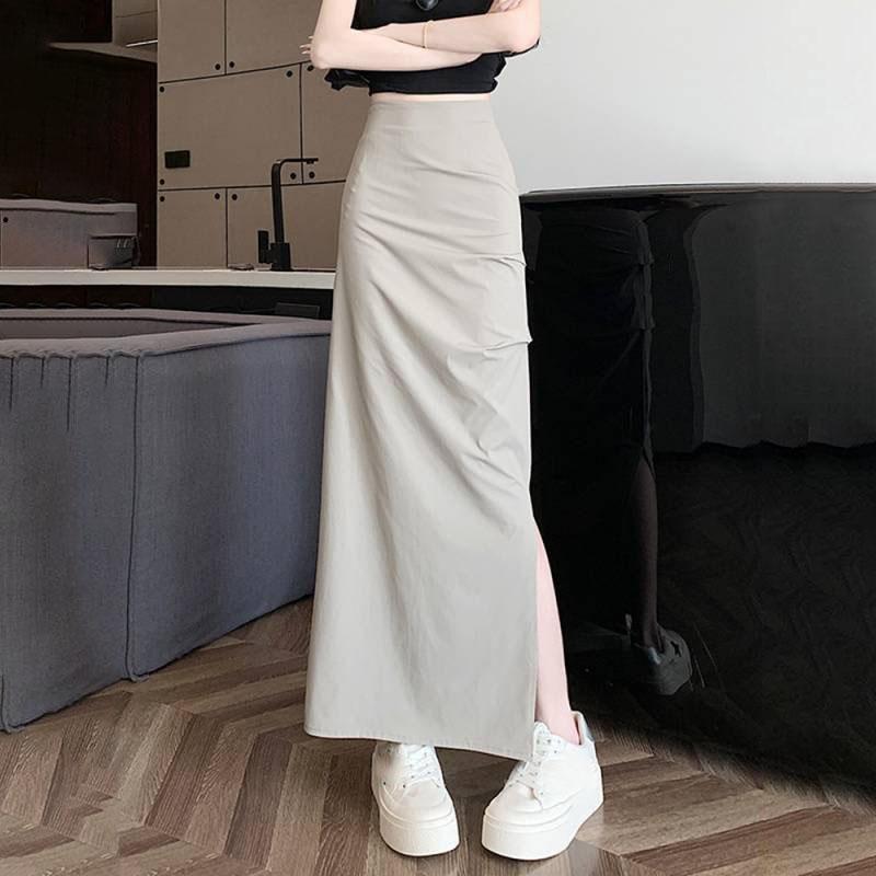 

Женская юбка-полусолнце в корейском стиле, однотонная, с высокой талией, облегающая, летняя, со сборками, с разрезом, облегающая, длинная юбка S