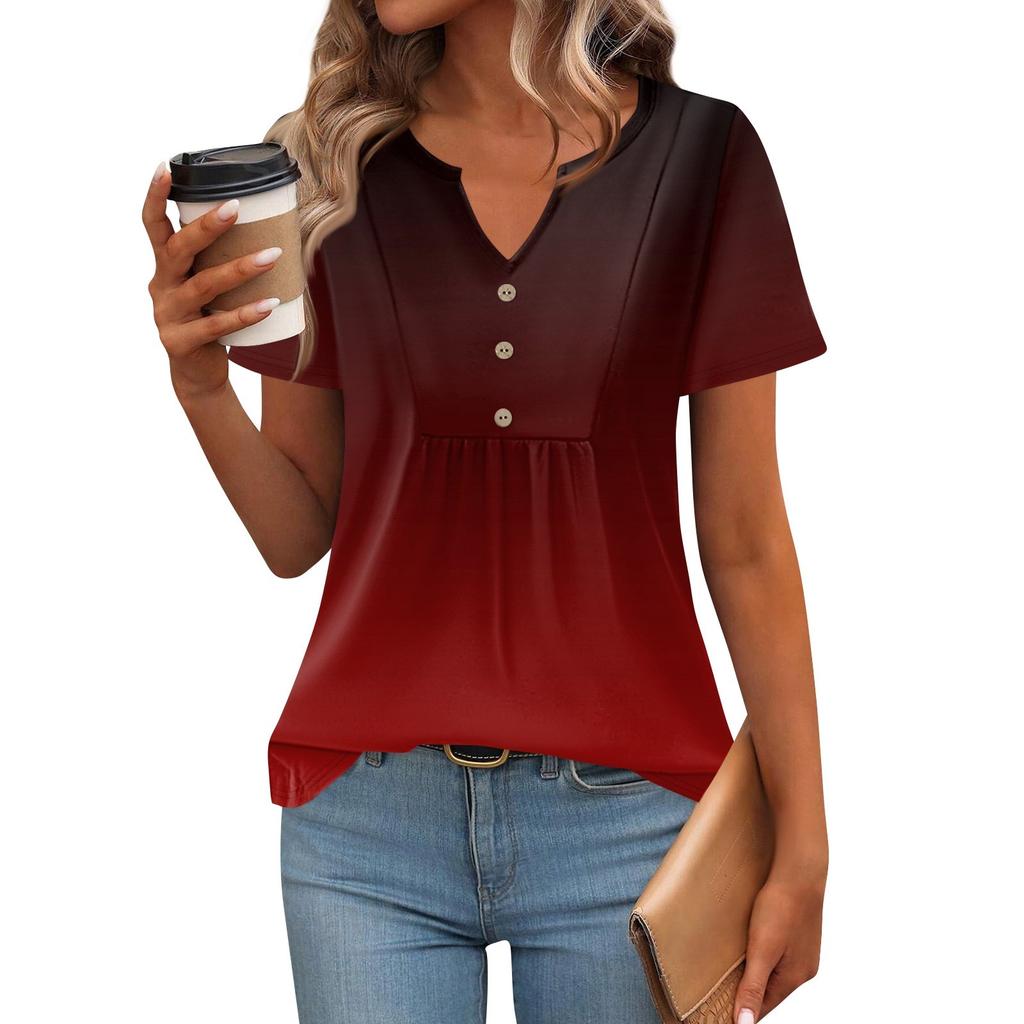 Damen Kurzarm Tops Sommer V-Ausschnitt T-Shirts Lässige Plissee Bluse Lose Print Basic Tee