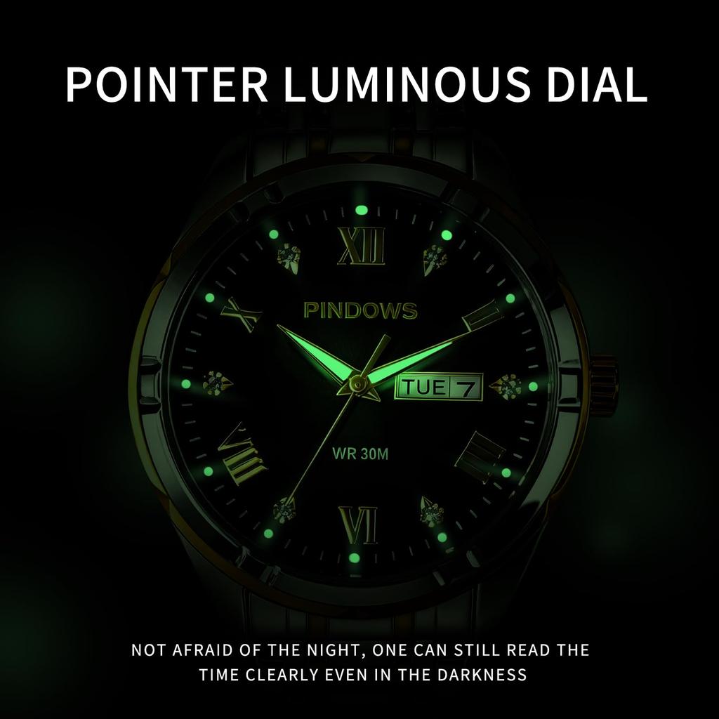 PINDOWS Luxury Business Dress Analog Quartz Water Luminous Date Stainless Steel Classic Business Casual Style Men's Watch, Diamond-Decorated, Style,