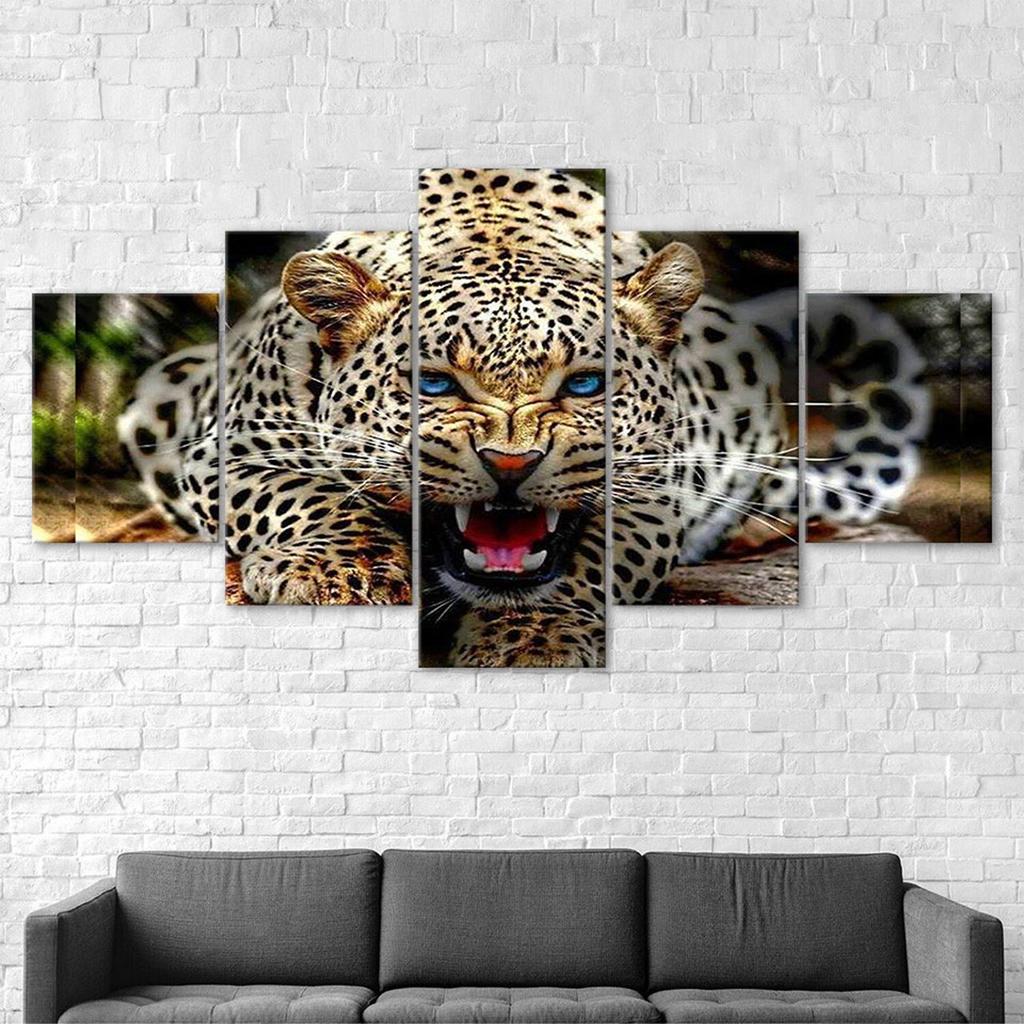 Leopard Blue Eyes Roaring Angry Animal 5 Piece Five Panel Wall Canvas Print Modern Art Poster Picture Home Decor Gift For Him For Her