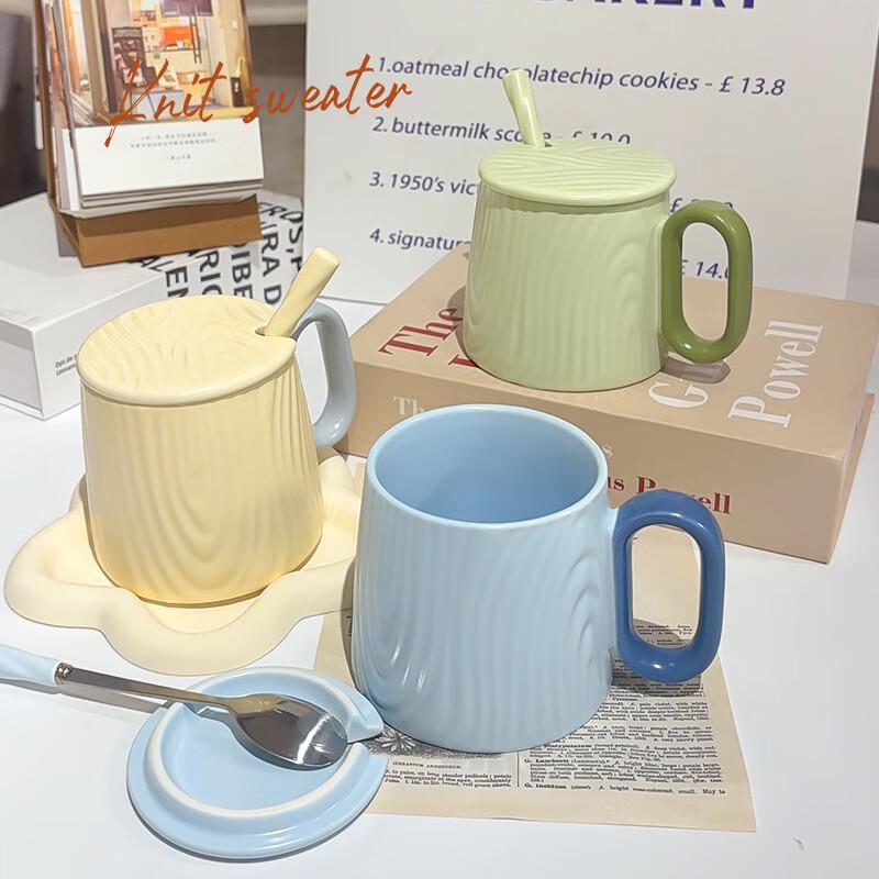 Changbaosen Wood Grain Ceramic Mug with Lid & Spoon