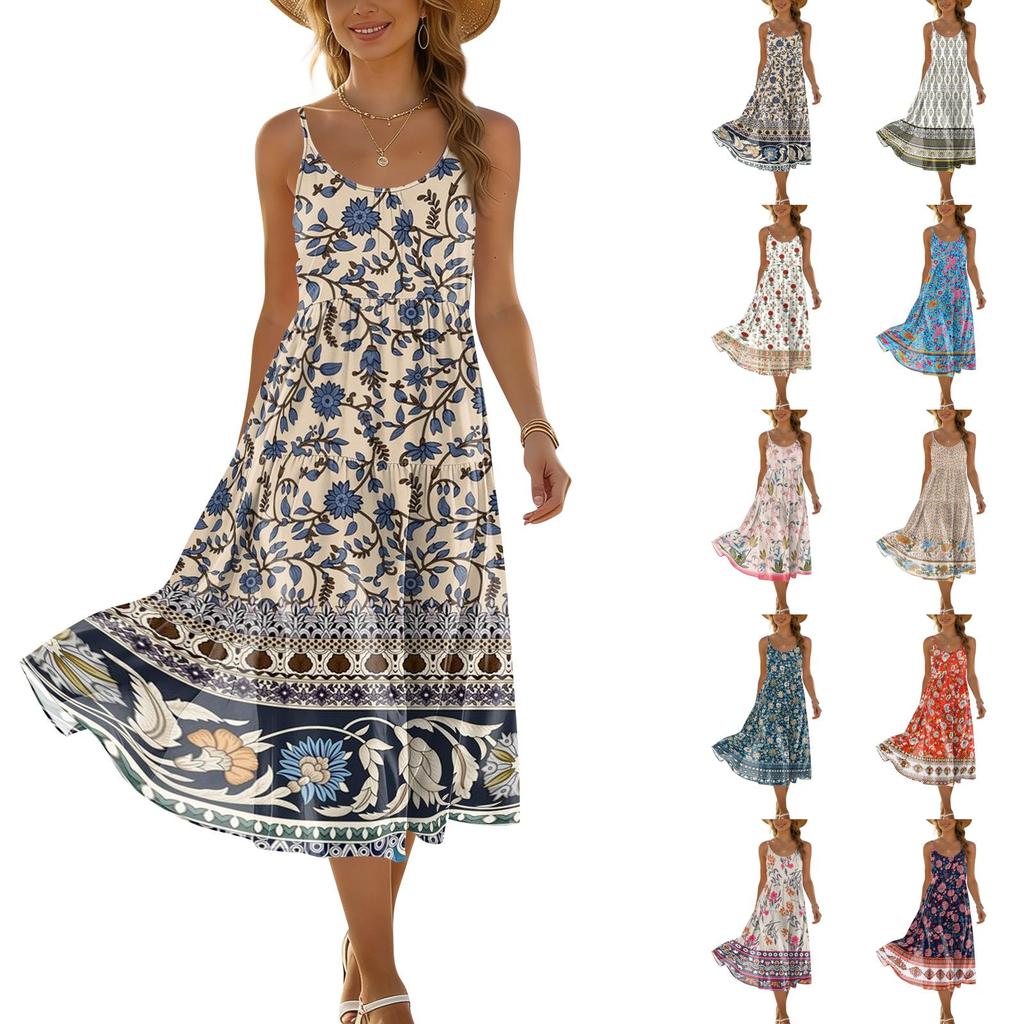 Women Summer Floral Print Adjustable Strap Pocket Bohemian Casual Beach Vacation Sundress Loose Fit Sleeveless Dress