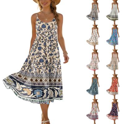 Women's Summer Fashion Printed Pocket Adjustable Shoulder Strap Bohemian Leisure Beach Resort Strap Dress