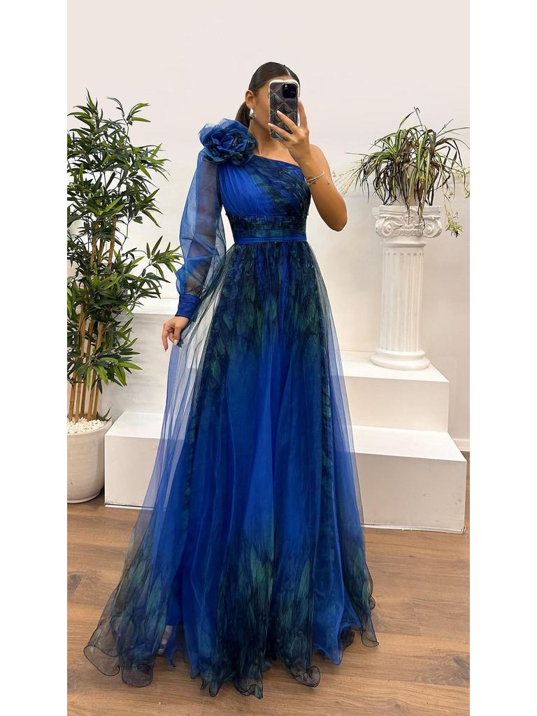 European & American One-Shoulder Mesh Print Dress: Spring/Autumn Casual Loose Party Style