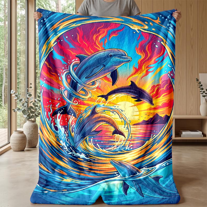 Dolphins Leaping at Sunset 1 Theme blanket Lightweight Warm Flannel Blanket Decorative Throw Blanket for Home Decoration