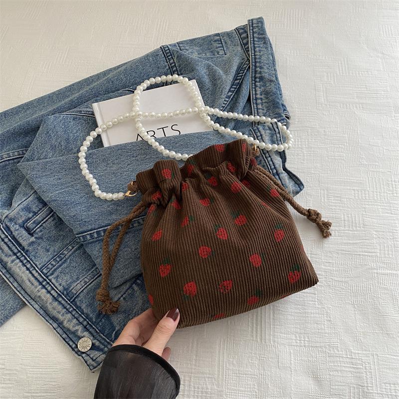 Sweet and Cute Strawberry Printed Bucket Bag Beaded Shoulder Strap Corduroy Exquisite Foreign Versatile Single Shoulder Messenger Women's Bag