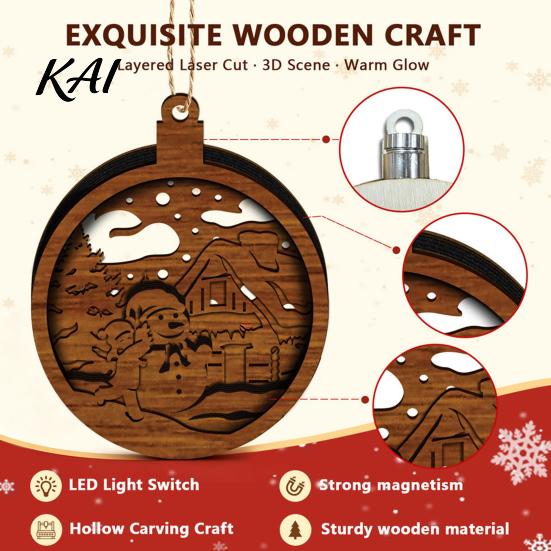 Natural Log Craft Gifts 3D Wooden Light Up Christmas Ornament, Layered House Tree Snowman Wood Engraving Decor Nativity Scene Hanging Decoration