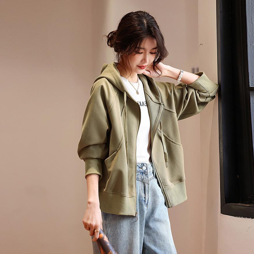 Fashion casual hooded sweater women s spring and autumn new sportswear loose and thin zipper jacket solid color top S 8719₽