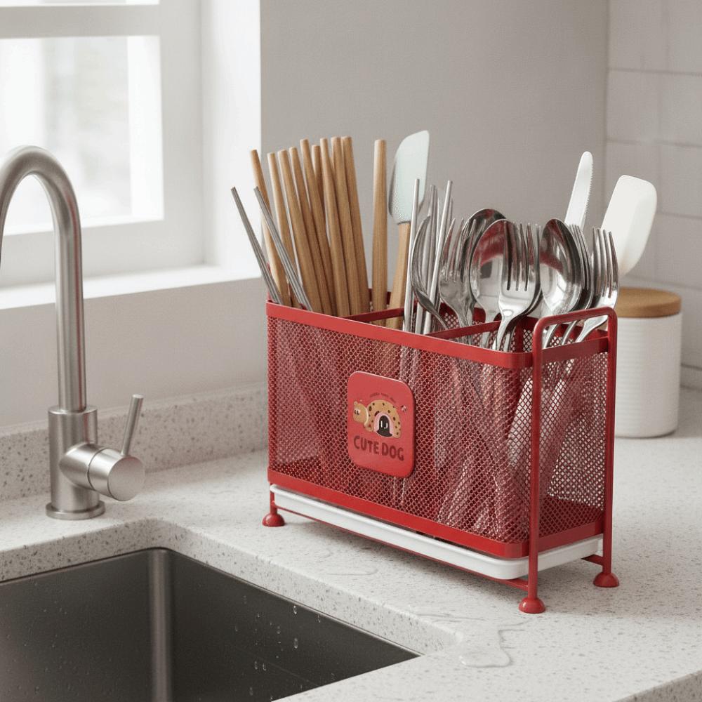Carbon Steel Cutlery Drain Rack 3 Grid Kitchen Utensil Storage Basket Cutlery Holder Spoon Fork