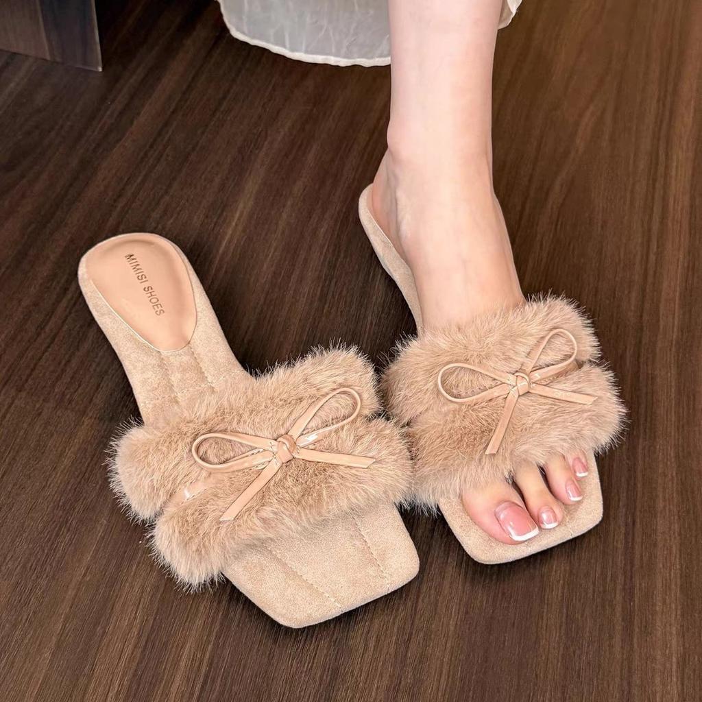 Měkké voskové sweetheart čtvercová špička otevřené prsty mašle silný podpatek podzim a zima nadýchané pantofle na nošení jednoslovný bavlněný mop