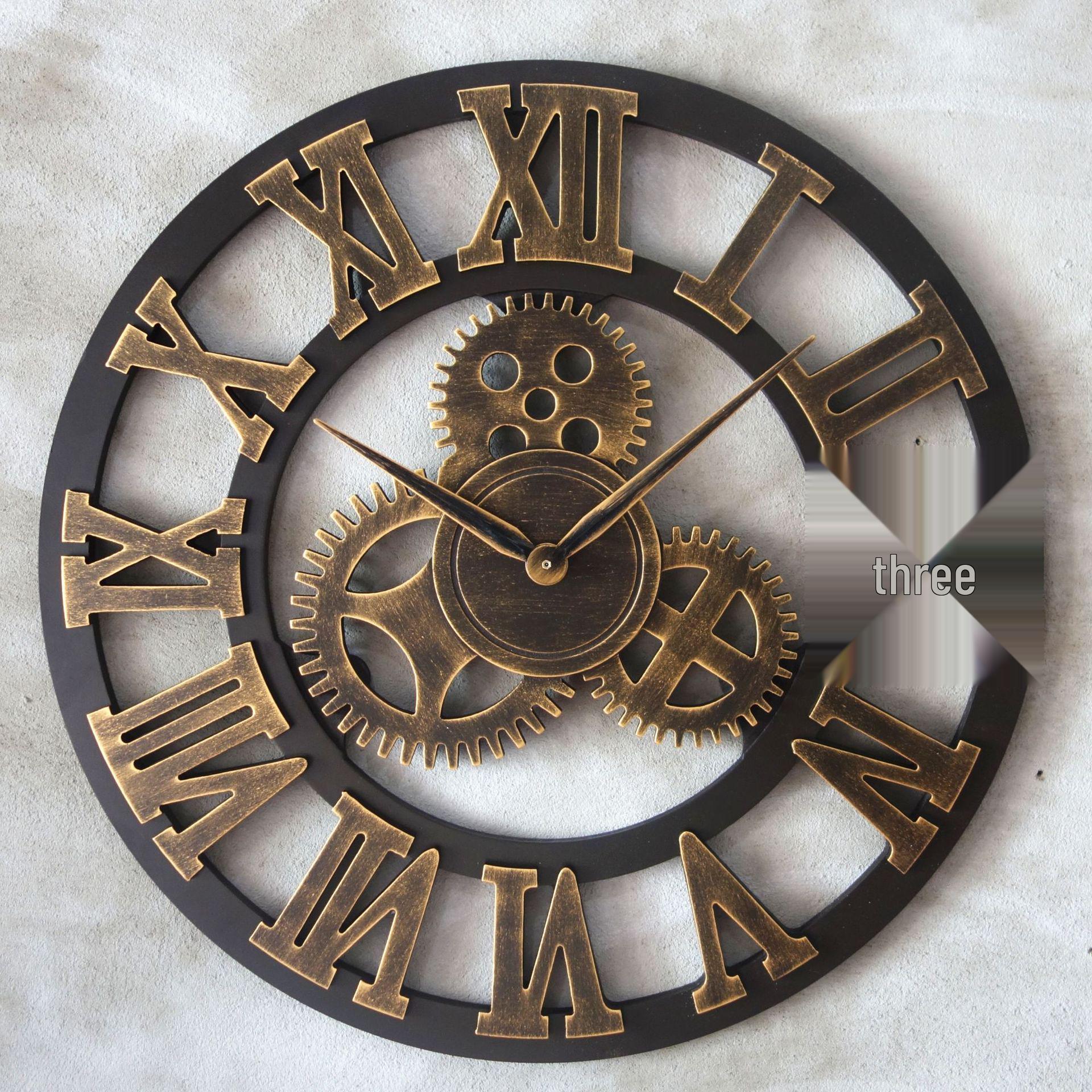 

3D Gear Wall Clock: Retro Loft Style, Silent Wooden Decor 30cm Roman Silver