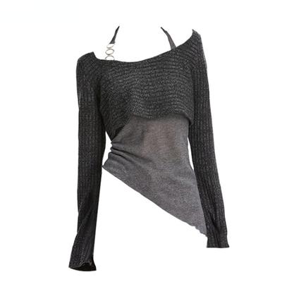 Women's Grey Pullover Knitted Sweater Vintage Harajuku 2000s Fashion Elegant Casual Long Sleeve Sweater Top 90s Clothes Autumn
