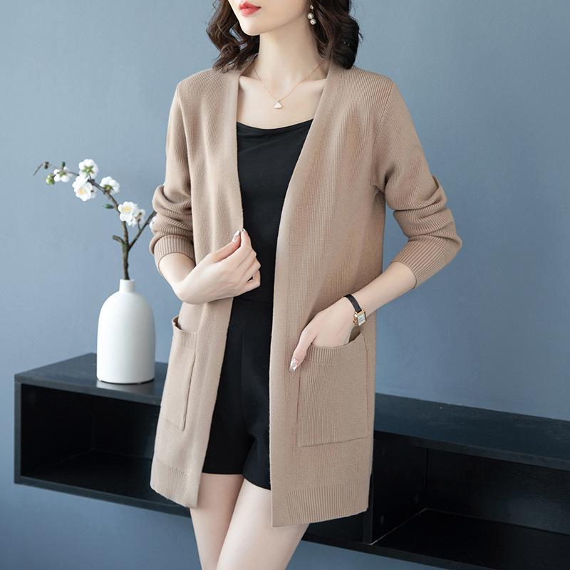 Spring and Autumn Thin Knitted Cardigan Women's Medium and Long Sweater Jacket Fat Mom Large Size Shawl with Loose Top Women