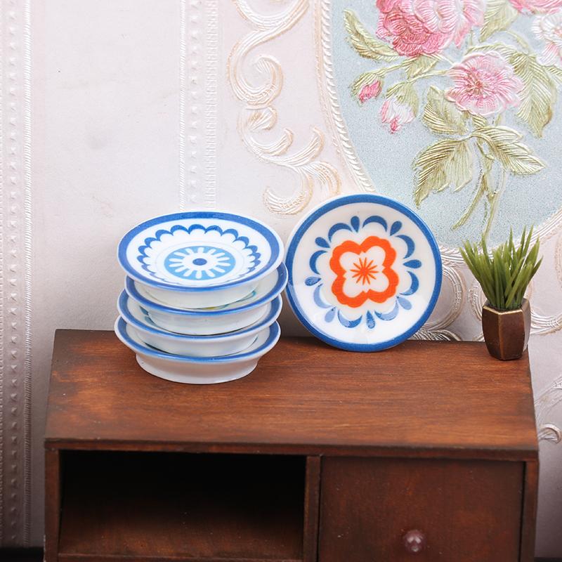 5Pcs 1:12 Dollhouse Simulation Blue White Porcelain Plates Dollhouse Kitchen Decoration Dolls House Accessories Pretend Play Toy