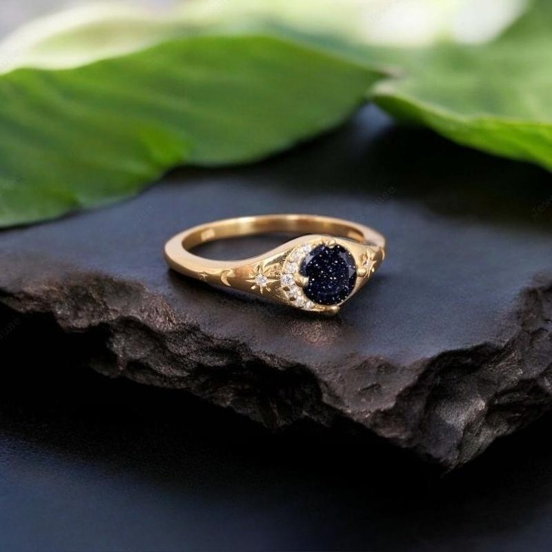 Pierścionek z niebieskim piaskowcem i cyrkonią w kształcie księżyca i gwiazdy dla kobiet w kolorze złotym, biżuteria ślubna, prezent na imprezę