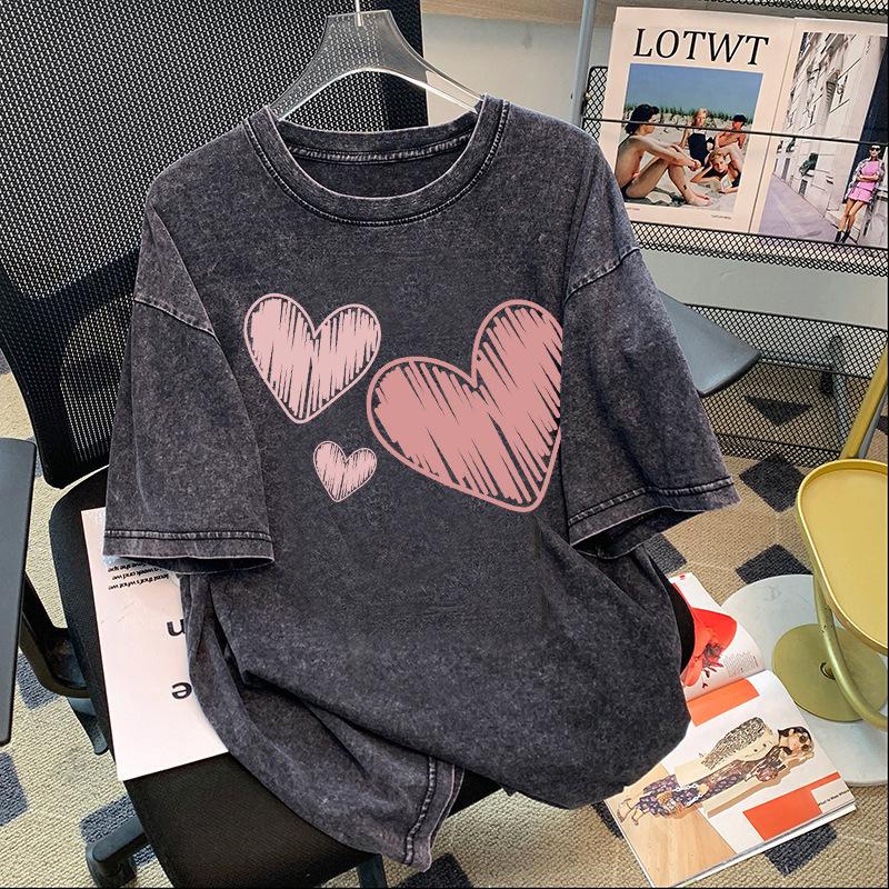 Women s Heart Retro Distressed Cotton T-shirt - Short Sleeve, Trendy High Street Style M