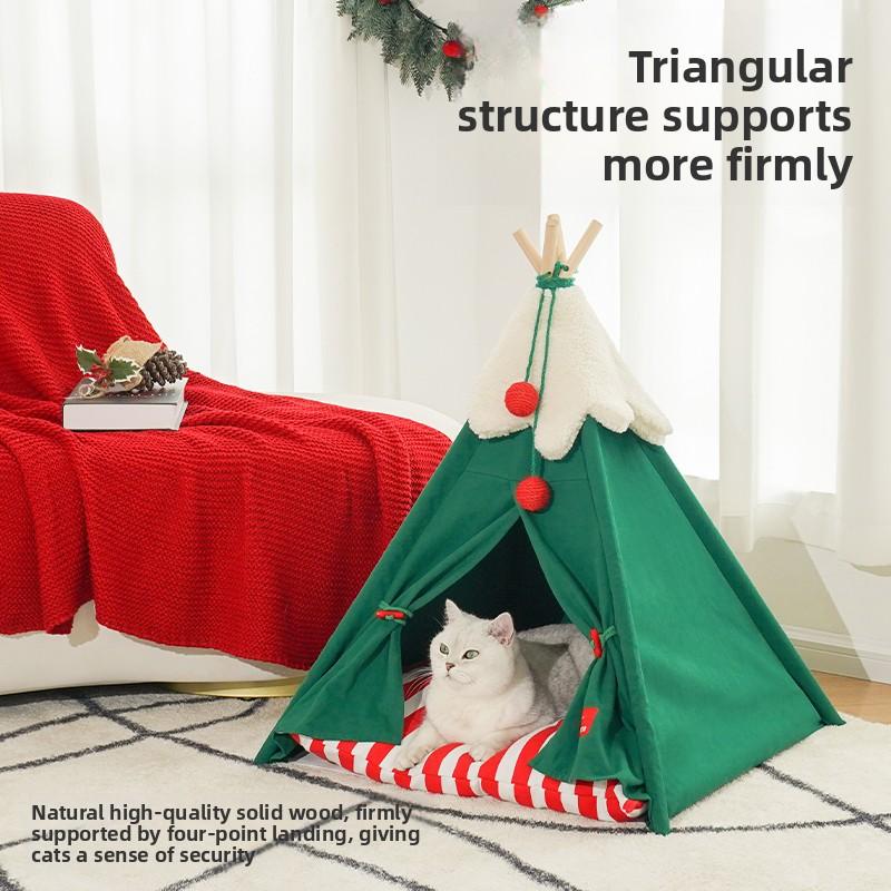 Weihnachten Flauschiges Haustierzelt Halbgeschlossenes Katzenhaus für Winterwärme Abnehmbares Waschbares Kätzchenbett Plüsch-Schlafmatte für Katzen