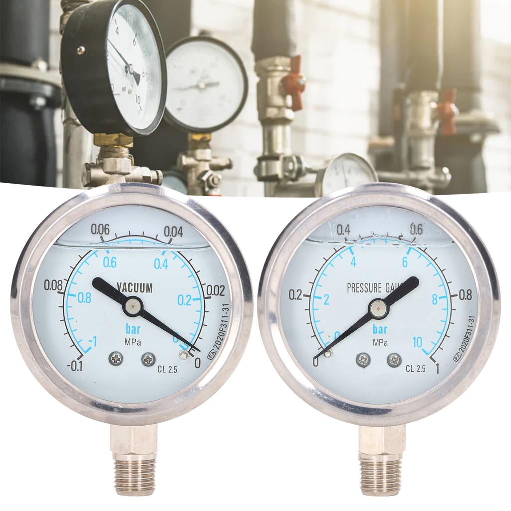Vacuum Pressure Gauge YN-60 Dual Scale Pressure Gauge Meter 1/4in NPT Dual Scale Stainless Steel Test Meter for Water Oil
