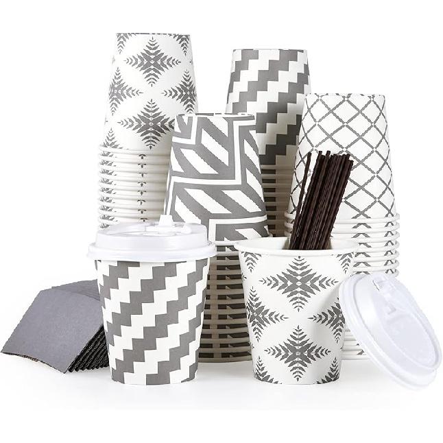 LITOPAK 100 Pack 12 oz Paper Coffee Cups with Lid, Sleeve, and Straws, Four Designs of Disposable Hot Coffee Cups for Home, Stores, and Cafes 100