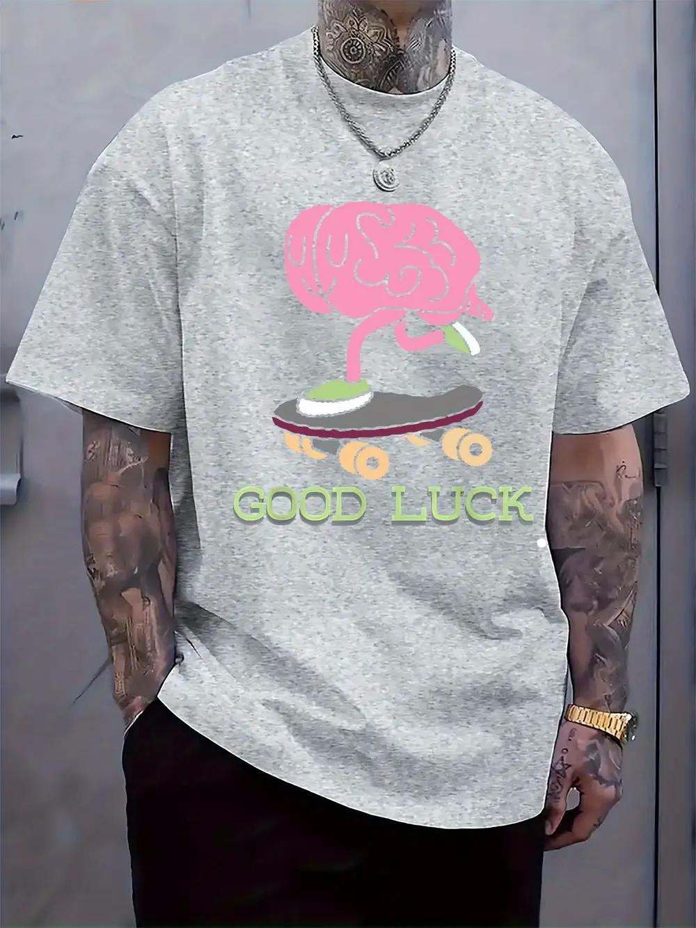 Casual Crew Neck T-shirt with Skateboard Brain Print XL