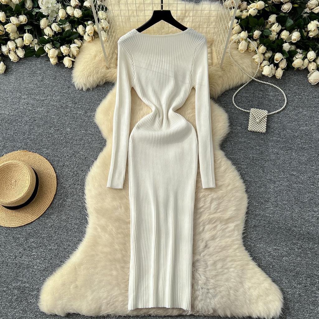 Spring Autumn Women Elegant 3D Flower Knitted Sweater Sheath Dresses Full Sleeve Midi Party Slim Pullover Dress