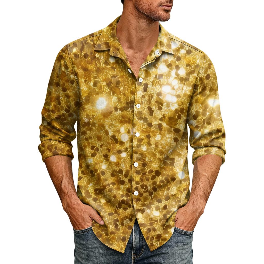 Men's 70s Disco Sequin Outfit Sequin Shirt Fit Festive New Year's Eve Hawaiian Shirt With Buttons Shirt Men's Shirt Non-Iron Vintage Glitter Shirt