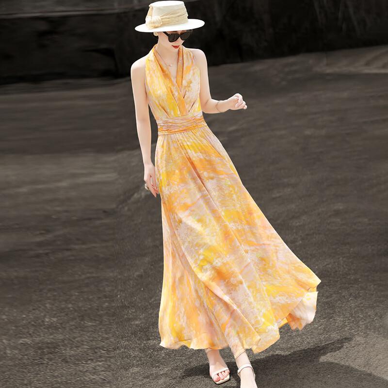 Lansere 2026 Summer Sunset Dye Print Halter Chiffon Dress 2XL