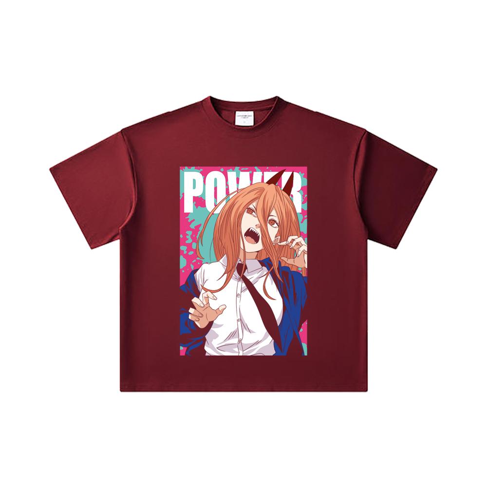 

260 GSM Double Yarn 32 Count 100% Cotton Chainsaw Man V49 Power Print Unisex Heavy Cotton T Shirt 2XL вина червоного кольору