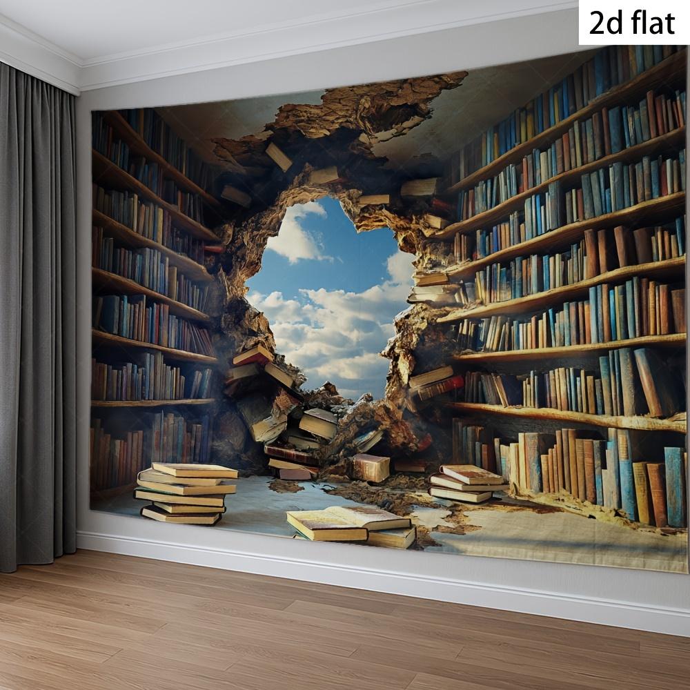 Gateway to Sky Tapestry-Bookshelf wall ripped open to reveal clouds, magical library escape fantasy wall deco art deco 100X70CM
