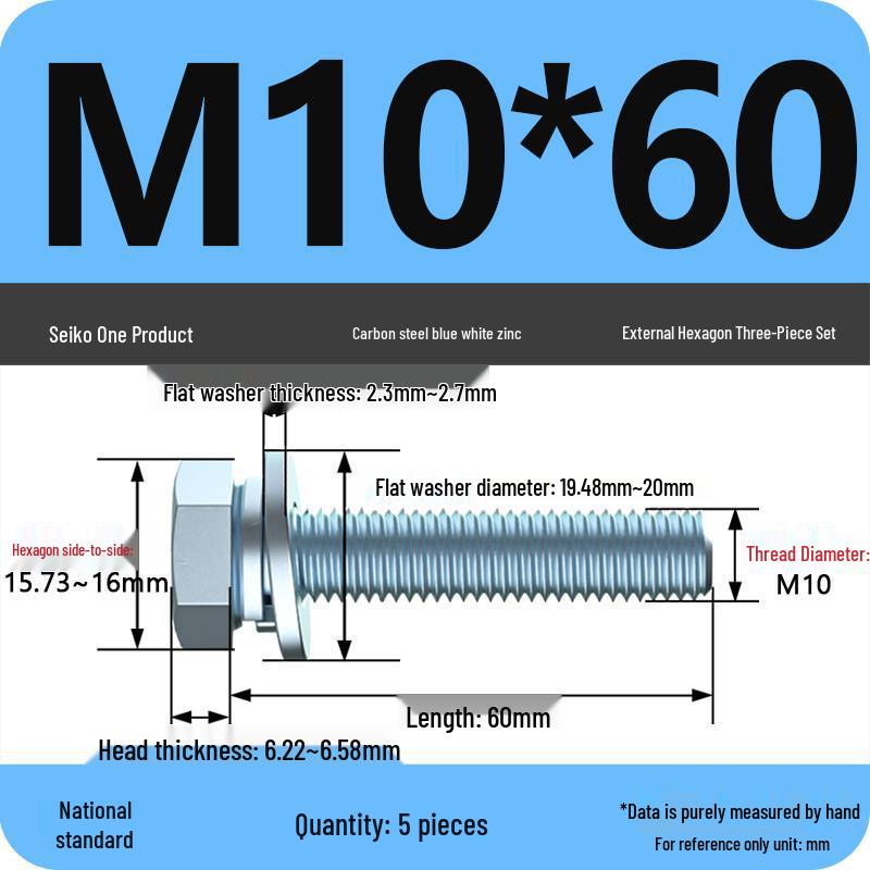 Grade 8.8 Galvanized Hex Bolt Set: Includes Hex Bolt, Spring Washer, Flat Washer (Sizes: M4, M5, M6, M8, M10, M12)