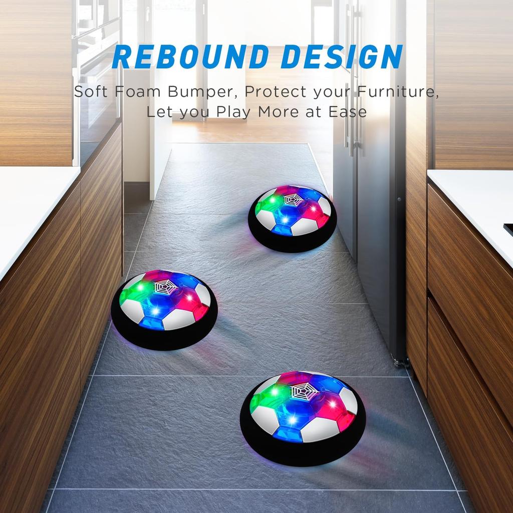 KKONES Dětské hračky Hover fotbalový míč (Sada 2), Fotbalový míč na vzduchový pohon na baterie s LED světlem a měkkým pěnovým nárazníkem pro vnitřní venkovní hru,