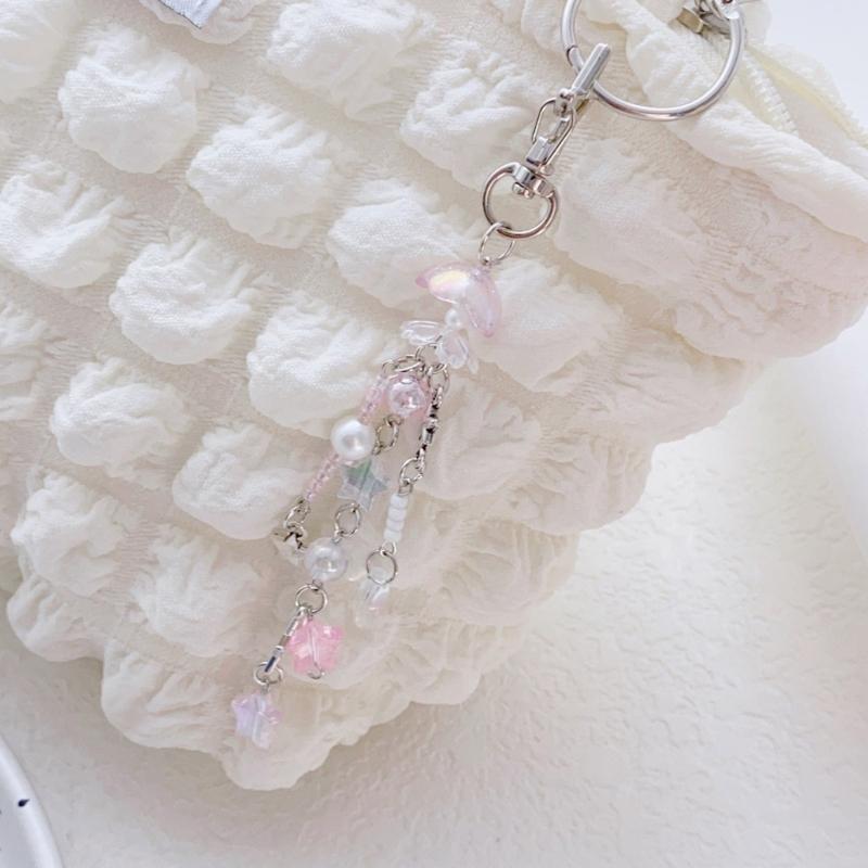 Fashionable Star and Flower Bead Charm Phone Strap Multifunctional Keychain Lanyard Fashion Accessory for Girls