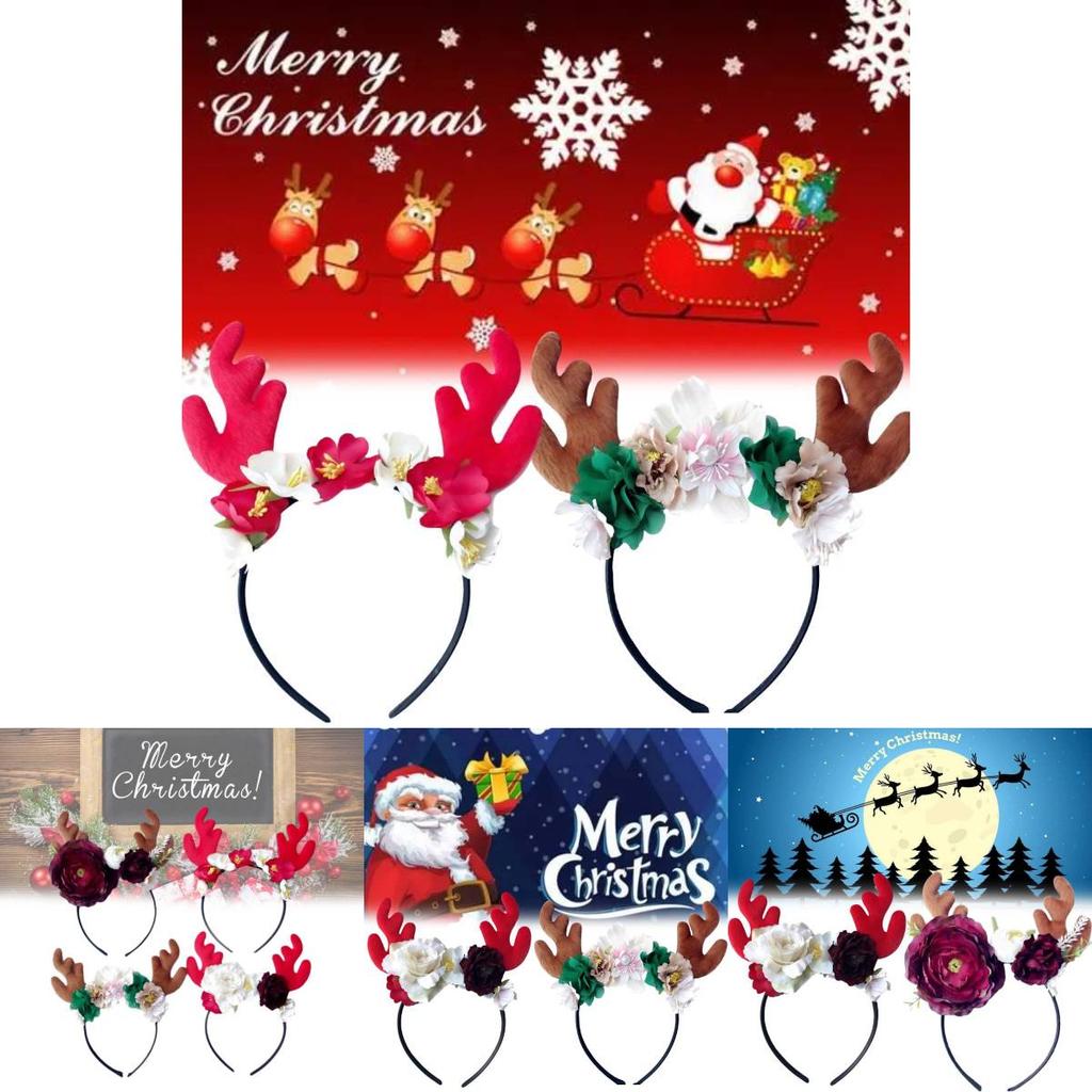Festive Red Velvet Reindeer Antlers Headband With Floral Design For Girls