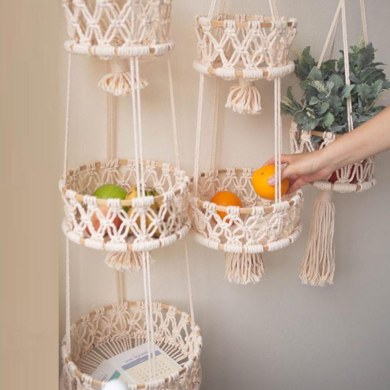 Hanging Fruit Basket 3 Tier Woven Cotton Rope Wall Baskets Kitchen Produce Storage Plant Holder Macrame Boho Home X3UC