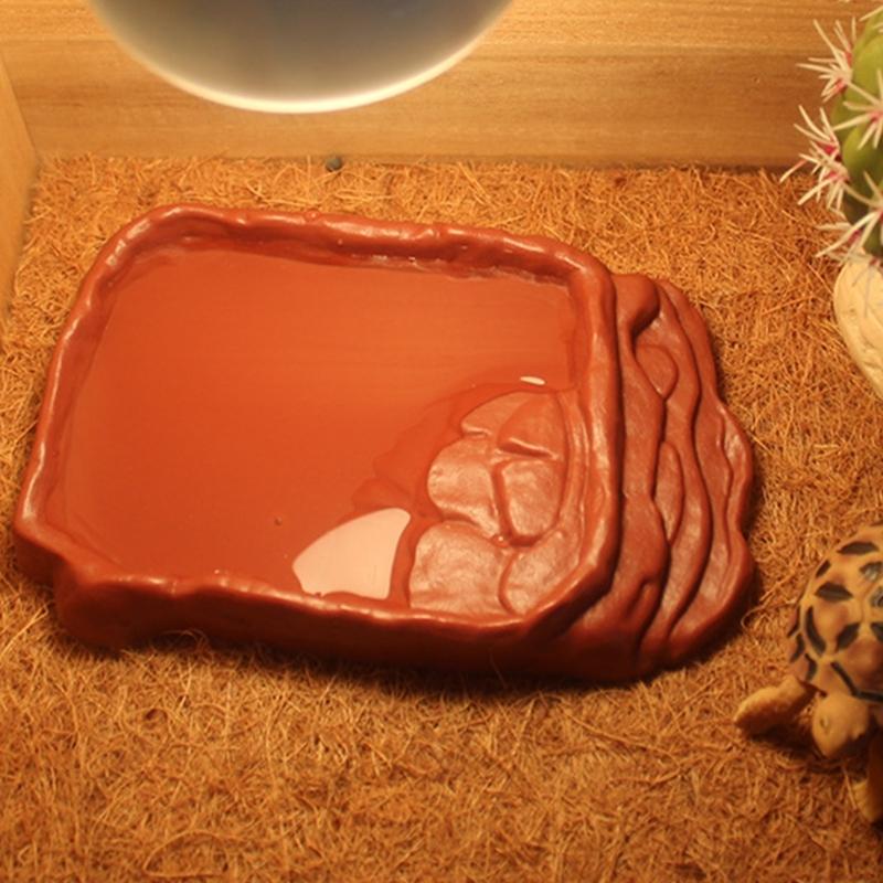 AntiSlip Reptiles Water Dish With Simulation Rock Ramp For Turtles Lizards Geckos Plastic Feeding Bowl Habitats Decors