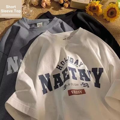 Men Summer T-shirt Letter Print Short Sleeves Round Neck Loose Retro Japanese Style Casual Daily Wear Teenager Streetwear Spring Top