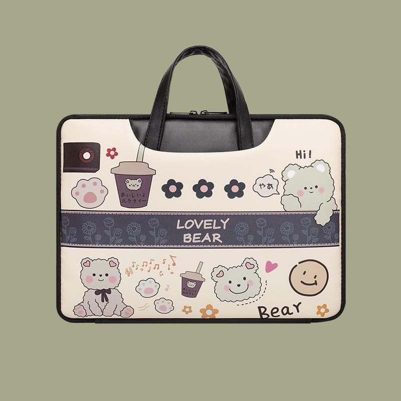 Cute Cartoon Bear Print Laptop Handbag Waterproof PU Shockproof Notebook Carrying Bag For Macbook Huawei Xiaomi 13-16 Inch