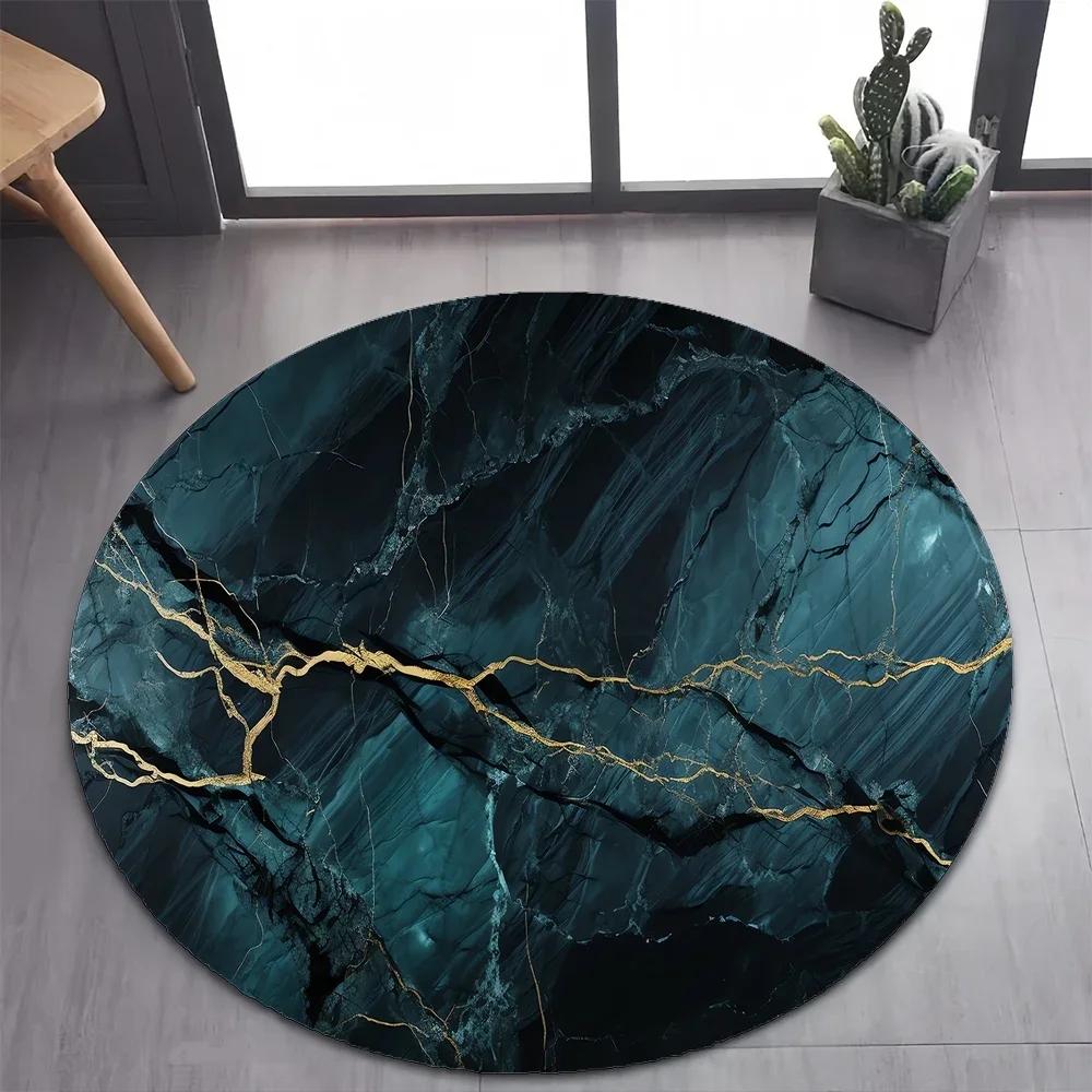 White Gold Marble Round Area Rug –Elegant Carpet for Bedroom or Living Room – Non-Slip Floor Mat, Pet-Friendly Modern Home Decor
