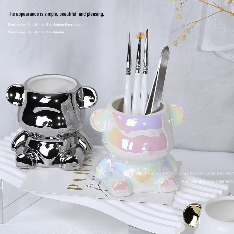 Trendy Bear Pen & Brush Holder with Sandpaper Storage for Manicure Tools – Desktop Organizer & Photo Prop