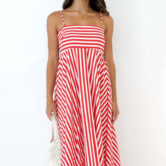 Striped Sleeveless Maxi Dress for Women Spaghetti Strap Smocked Swing Long Dress Summer Vacation Cami Sundress