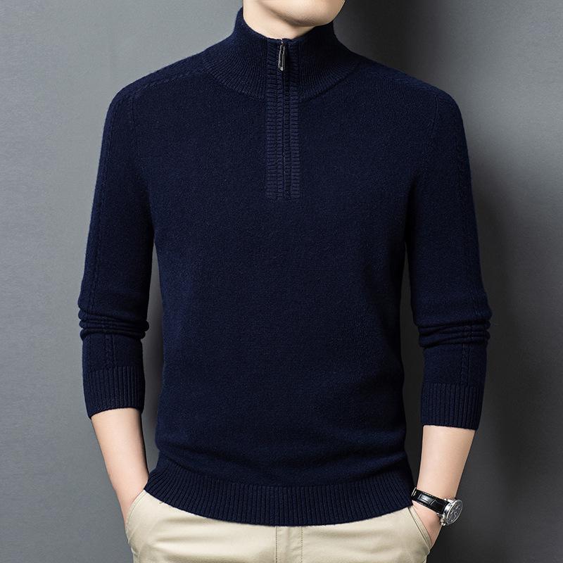 Men's 100% Merino Wool Half-Zip Pullover Sweater - Warm Winter Wear for Middle-Aged Men
