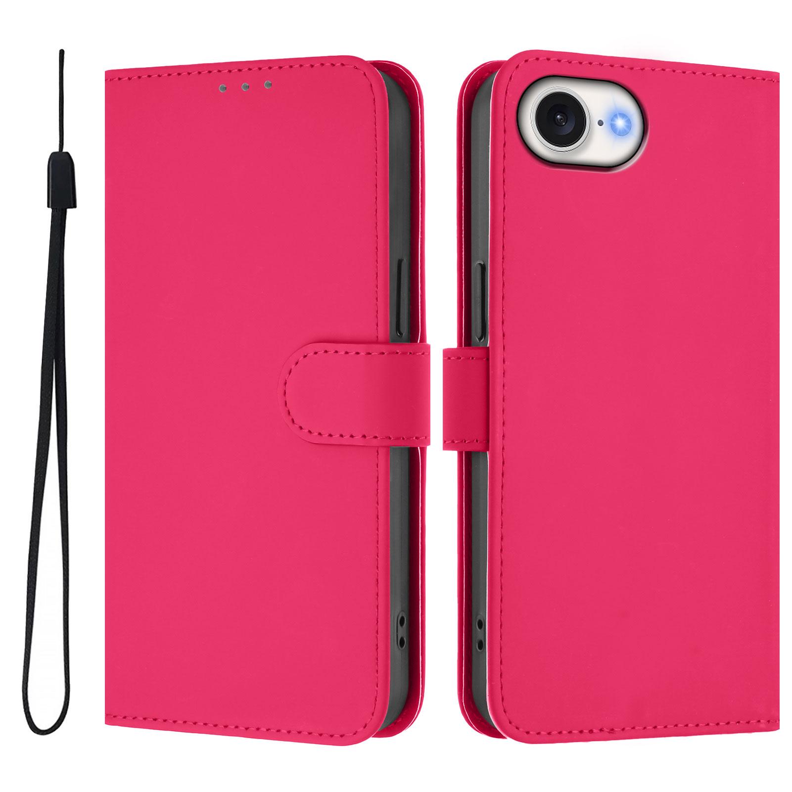 

For iPhone 16e Case Solid Color Wallet Leather Phone Cover with Strap Rose Red