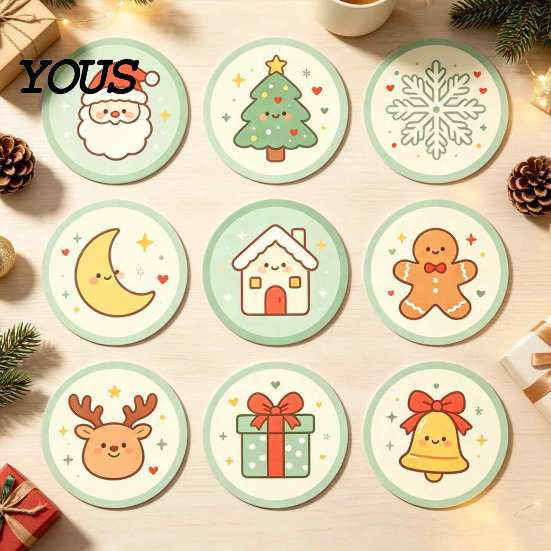 Decorative Table Protectors 9Pcs Christmas Wooden Coasters Set, Heat Resistant Cup Mats, Waterproof Round Wood Protection Mats for Home Office