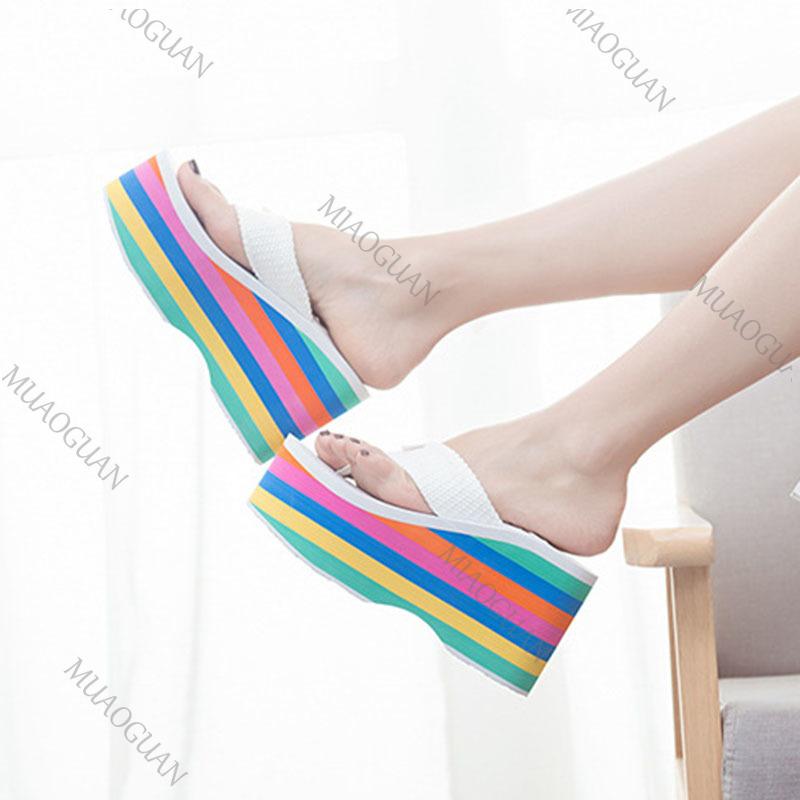 Mode Damen Plateau Flip Flops Sommerschuhe Mode 10cm Super High Heels Regenbogen Dicke Sohle Sandalen Slipper Freizeit Strand Pantoletten